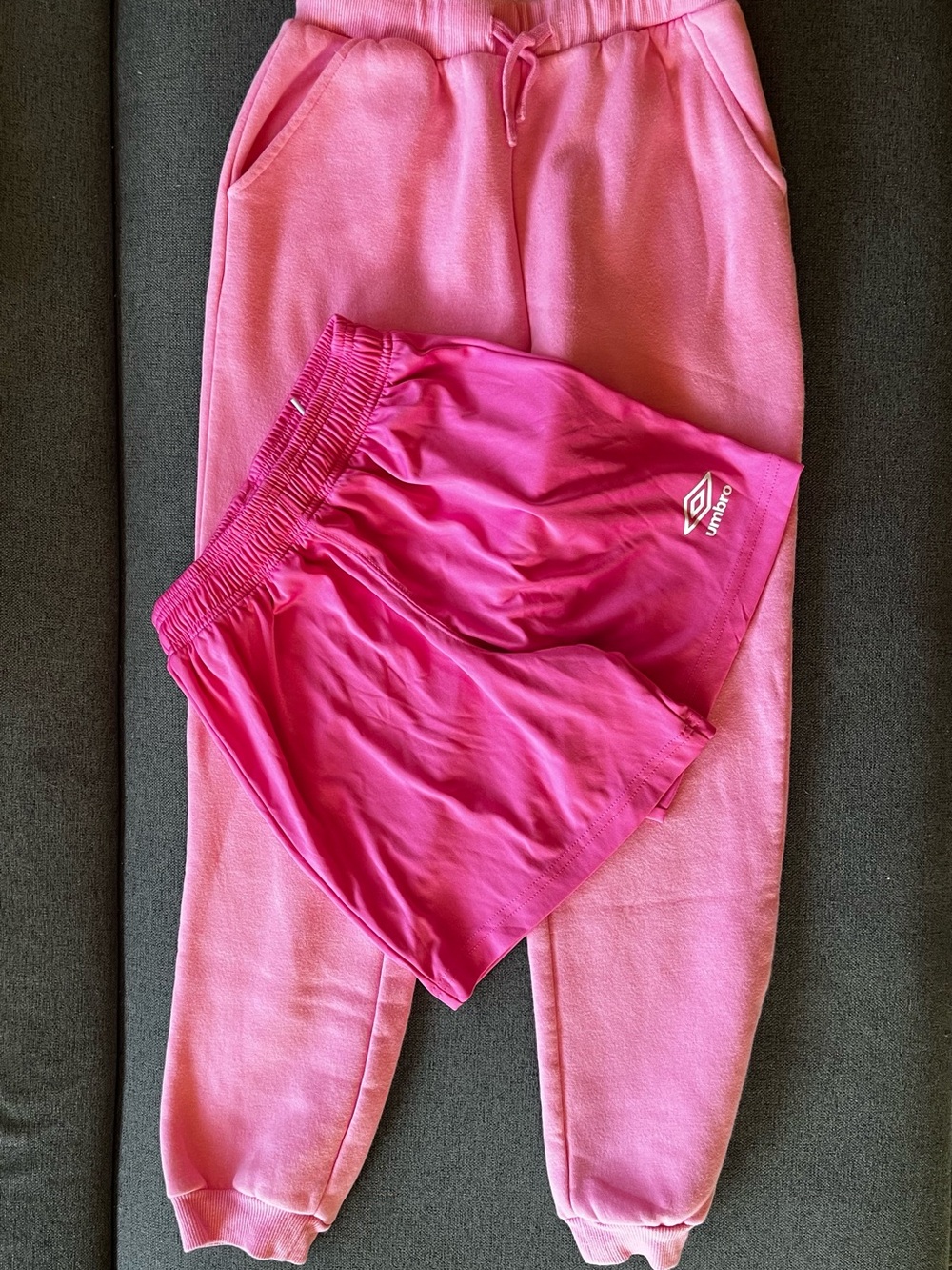 Girls Pink 2 Piece Lot Size 11/12 Umbro Athletic Shorts + Jogger Sweatpants